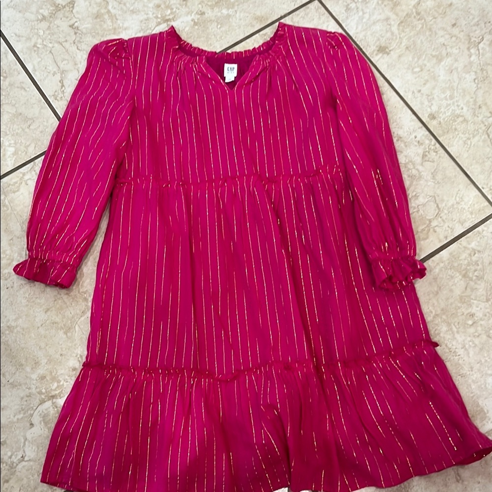 Tween Girls Stylish Pink Kids Dress with Gold Metallic Stripes